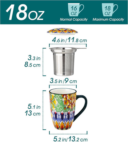 vancasso Ceramic Tea Mug with Infuser and Lid, 18 Ounce Bohemian Loose Leaf Cup, Microwave & Dishwasher Safe, Perfect for Tea, Coffee, Burnt-Cobalt Mandala