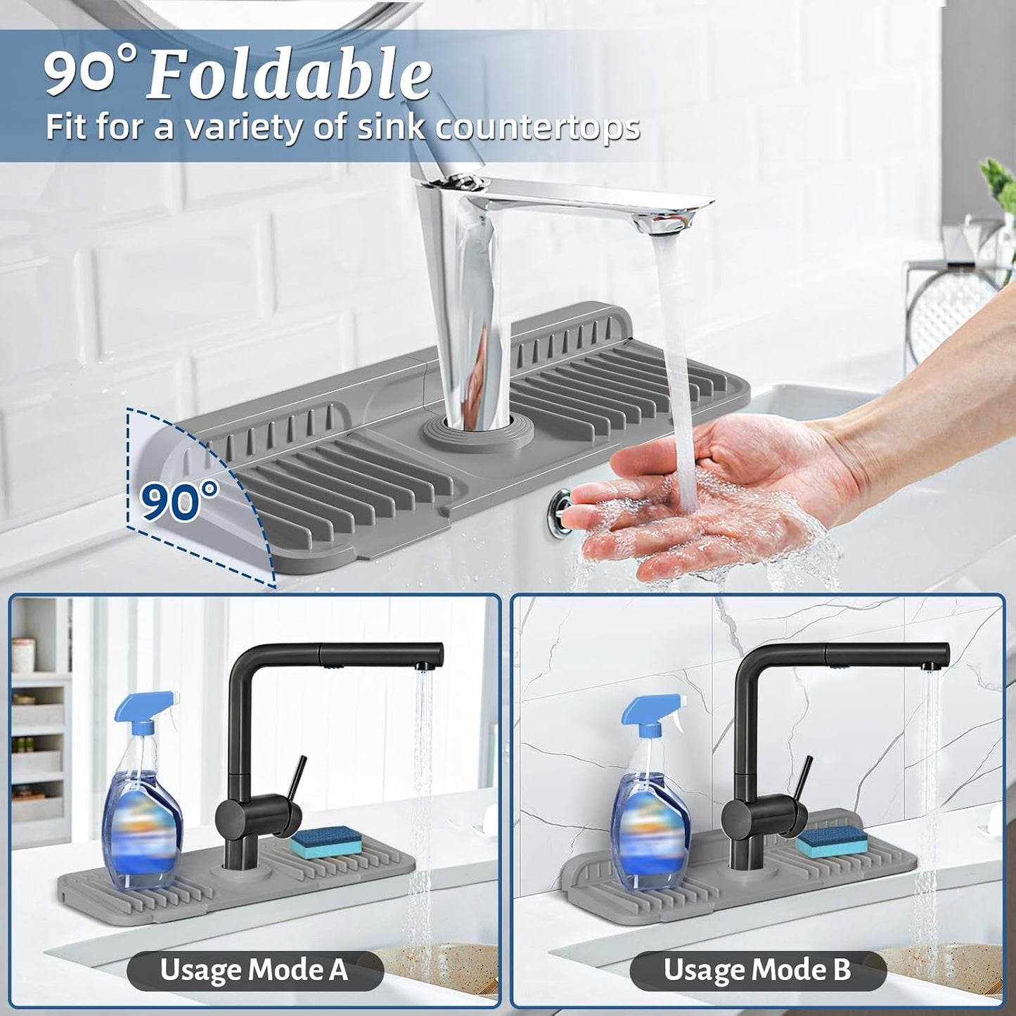 PoYang 24 Inch Faucet Mat for Kitchen Sink Splash Guard, Silicone, Black | Sink Protectors with 7° Slope for Smooth Drainage, Snap Button Holds It in Place, 90° Foldable & Cuttable Hole Fit Most Sinks