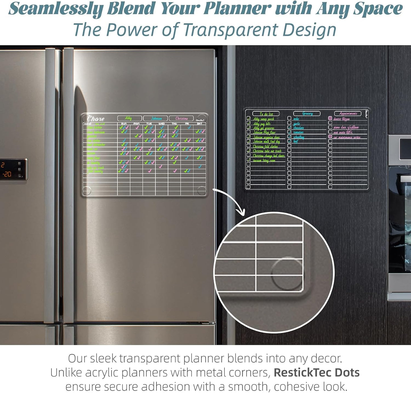 Clear Non-Magnetic Calendar Set for Fridge - Dry Erase Transparent Monthly and Weekly Calendar, List and Blank Whiteboard - Sticks to Wall, Glass, Door, Any Smooth Surfaces