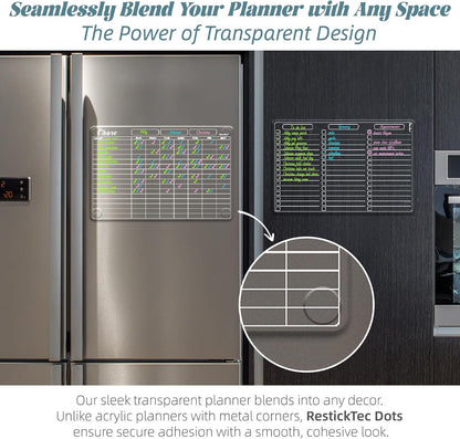 Clear Non-Magnetic Calendar Set for Fridge - Dry Erase Transparent Monthly and Weekly Calendar, List and Blank Whiteboard - Sticks to Wall, Glass, Door, Any Smooth Surfaces