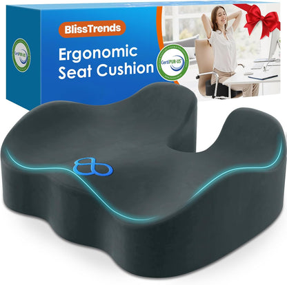 BlissTrends Memory Foam Seat Cushion for Office Chair & Car Seat, Black | 4.7in Ergonomic Tailbone & Sciatica Support with Removable Velvet Cover for Pressure Relief and Long Sitting Comfort