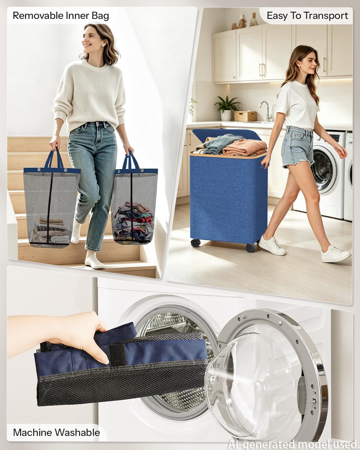 Double Laundry Basket with Wheels and Lid, 150L Clothes Hampers for Laundry | Large Laundry Hamper with 2 Sections & Removable Liner Bags, Rolling Dirty Clothes Basket for Bedroom Bathroom Dorm College