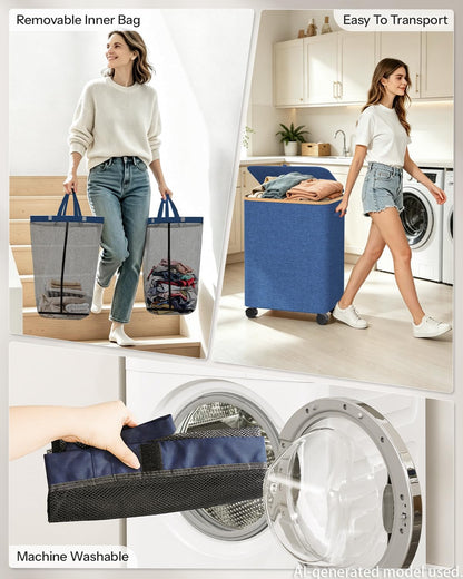 Double Laundry Basket with Wheels and Lid, 150L Clothes Hampers for Laundry | Large Laundry Hamper with 2 Sections & Removable Liner Bags, Rolling Dirty Clothes Basket for Bedroom Bathroom Dorm College