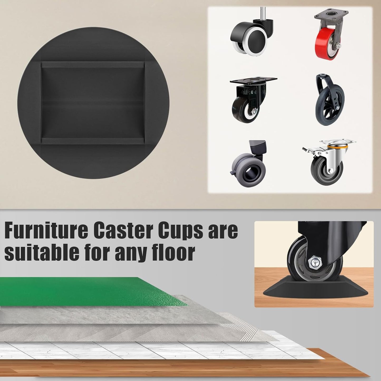 Furniture Stopper, 4 Pack 3"x3" Wheel Stoppers Bed Stoppers Furniture Caster Cups - Premium Solid Rubber Caster Cups Fits to All Floors & Wheels of Sofas, Beds, Chairs, Prevents Scratches