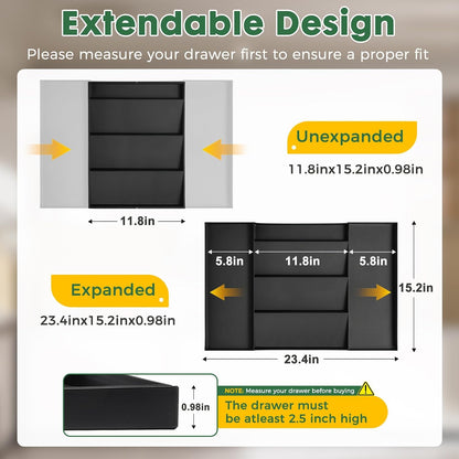 Expandable Drawer Organizer for Utensils & Office – 5 Compartment + 2 Utensil Slots, 11.8" to 23.4" Adjustable Black ABS Tray for Kitchen Flatware, Desk, Vanity & Junk Drawers
