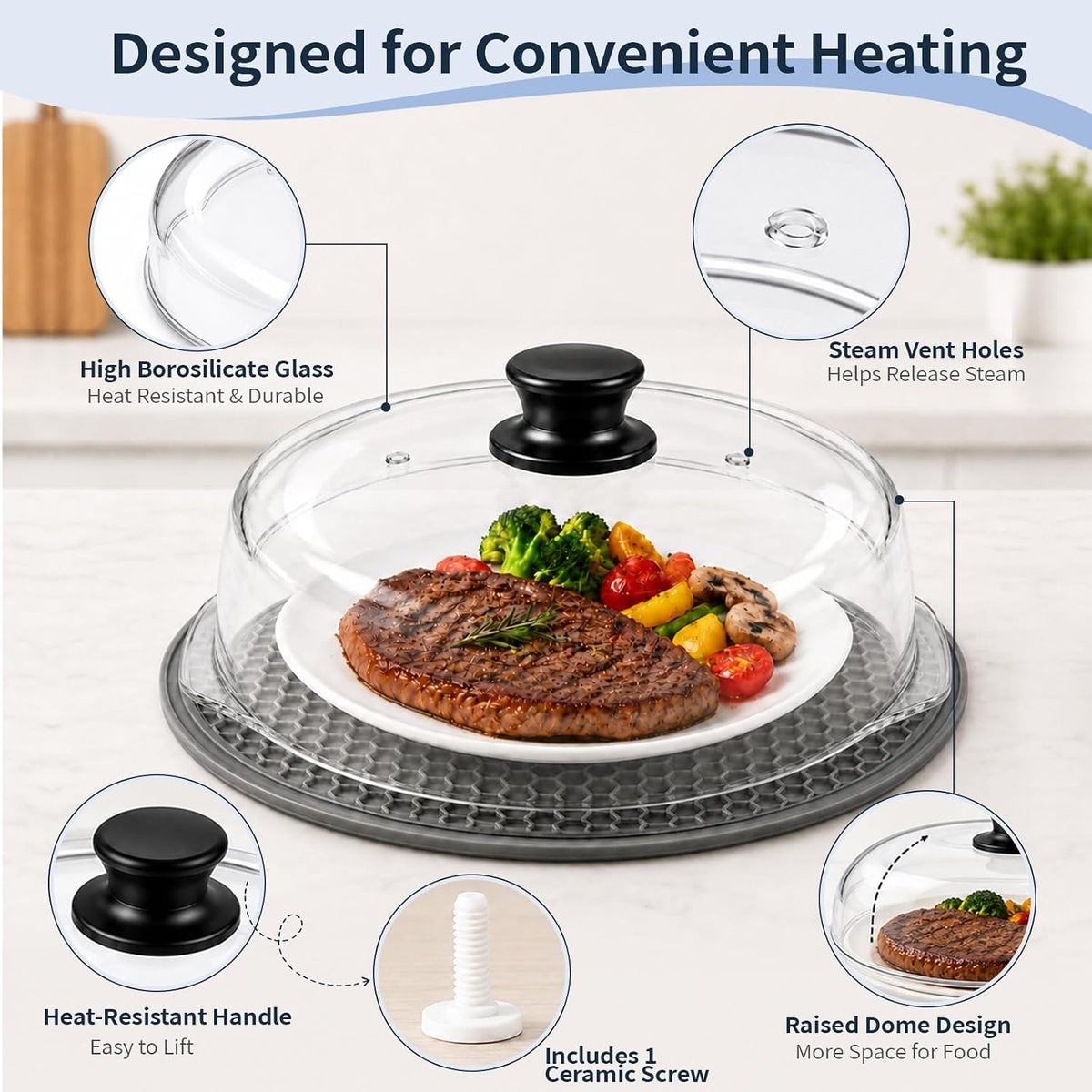 Glass Microwave Cover for Food, Tall Microwave Splatter Cover with Silicone Mat, Vent Holes, BPA Free, Dishwasher Safe, 10 Inch, High Borosilicate Glass Plate Lid with Side Tabs