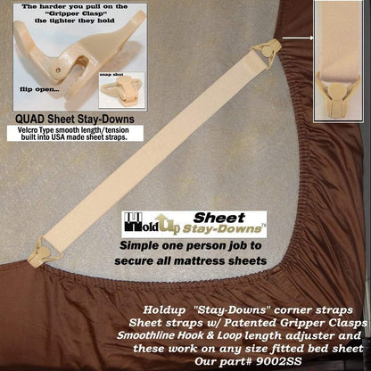Holdup Bed Sheet Stay-Downs Short Quad USA Patented Plastic Gripper Clasps