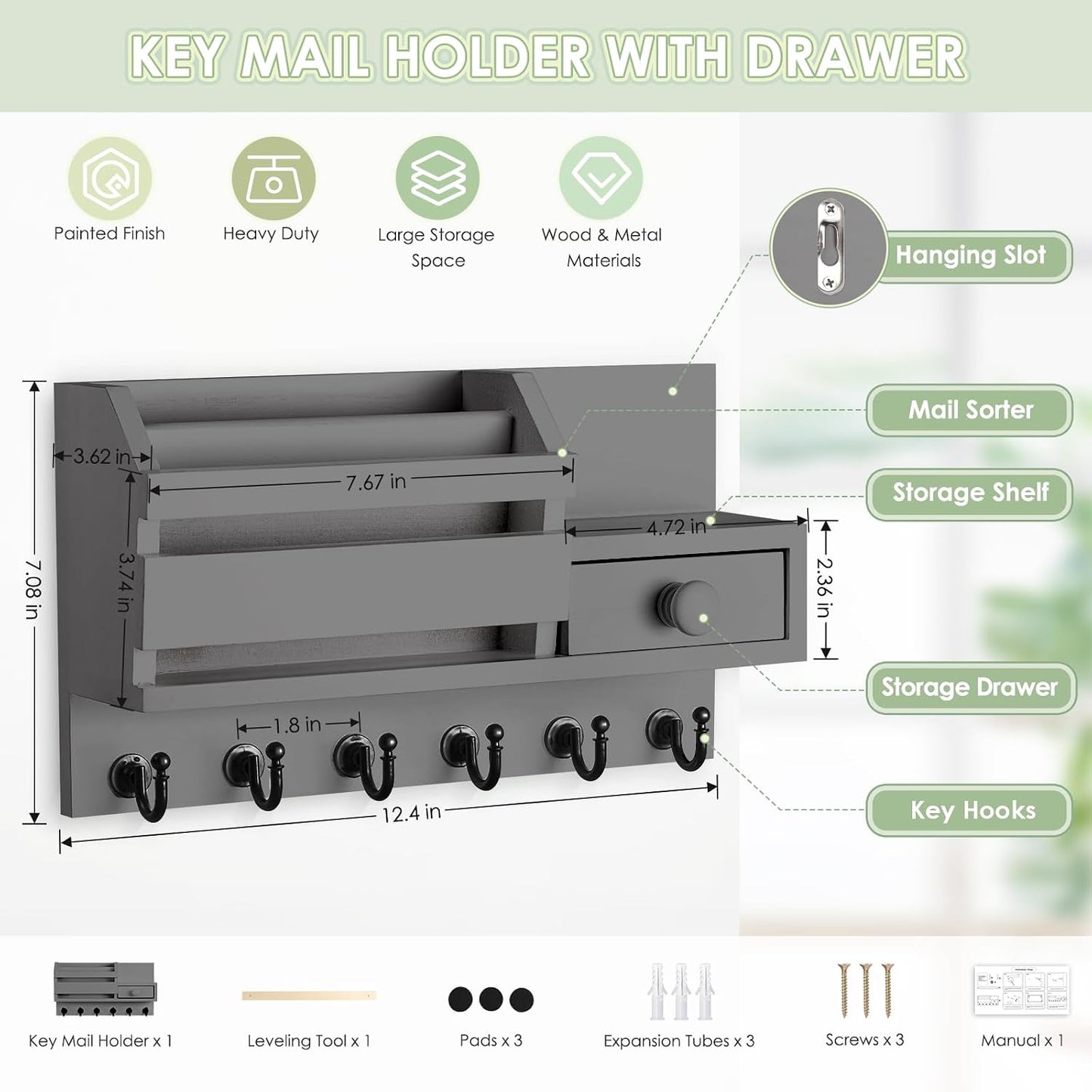 VIS'V Key Holder Wall Mount, Wooden Mail and Key Organizer, White | Contains Little Drawer, Small Shelf, 2 Slots, 6 Hooks, for Entryway, Hallway, Doorway, Kitchen, Garage, RV