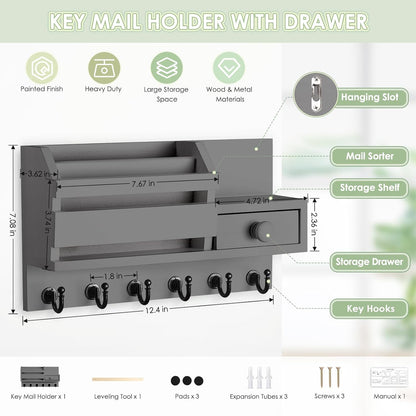 VIS'V Key Holder Wall Mount, Wooden Mail and Key Organizer, White | Contains Little Drawer, Small Shelf, 2 Slots, 6 Hooks, for Entryway, Hallway, Doorway, Kitchen, Garage, RV