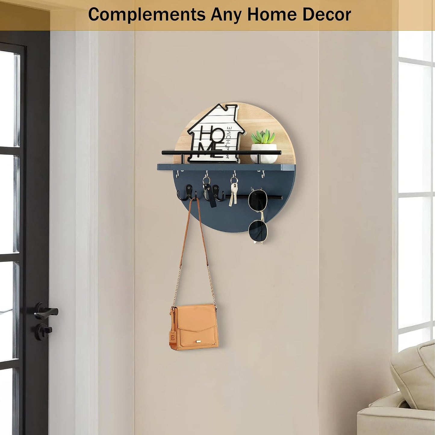 Key Holder for Wall Decorative with Shelf and Hooks, Mail Organizer Wall Mount with Sunglasses Holder, Circular Design Entryway Key Rack Hanger, Rustic Home Decor Boho Wall Decor (White)