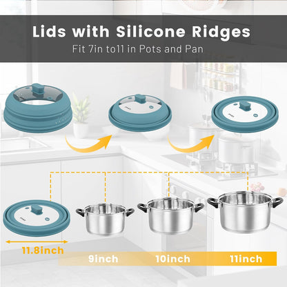 Microwave Splatter Cover, Vented Silicone and Glass Cover Splatter Guard Lid, Food Collapsible Plate Cover Lid with Easy Grip Handle. (Green, 9 inch)