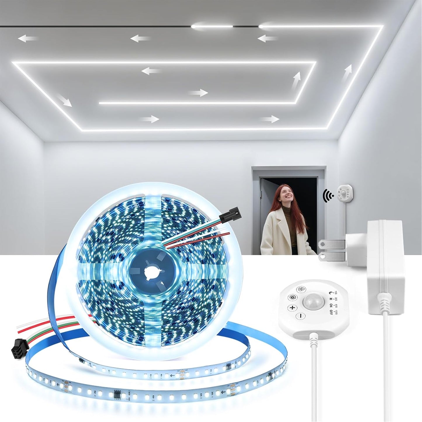 Motion Sensor LED Strip Light Kit 16.4Ft Running Water Flowing | LED Strip Lights Cut&Dimmable, 3000K 24V Motion Activated Flexible Horse Race Tape Light for Room Stair Corridor
