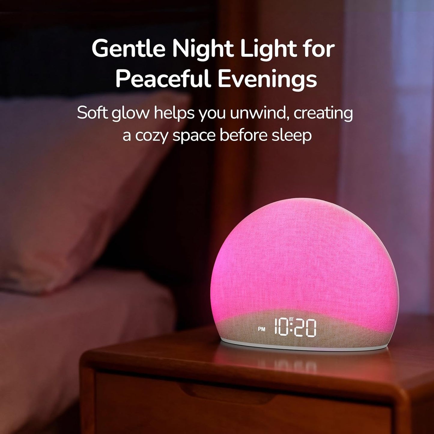 HOUSBAY Sunrise Alarm Clock with Bluetooth Speaker & Radio | Wake Up Light, 6 Gentle Alarm Sounds, Full-Range Dimmable Night Light & Display, Relaxing Bedside Companion, Fabric Finish