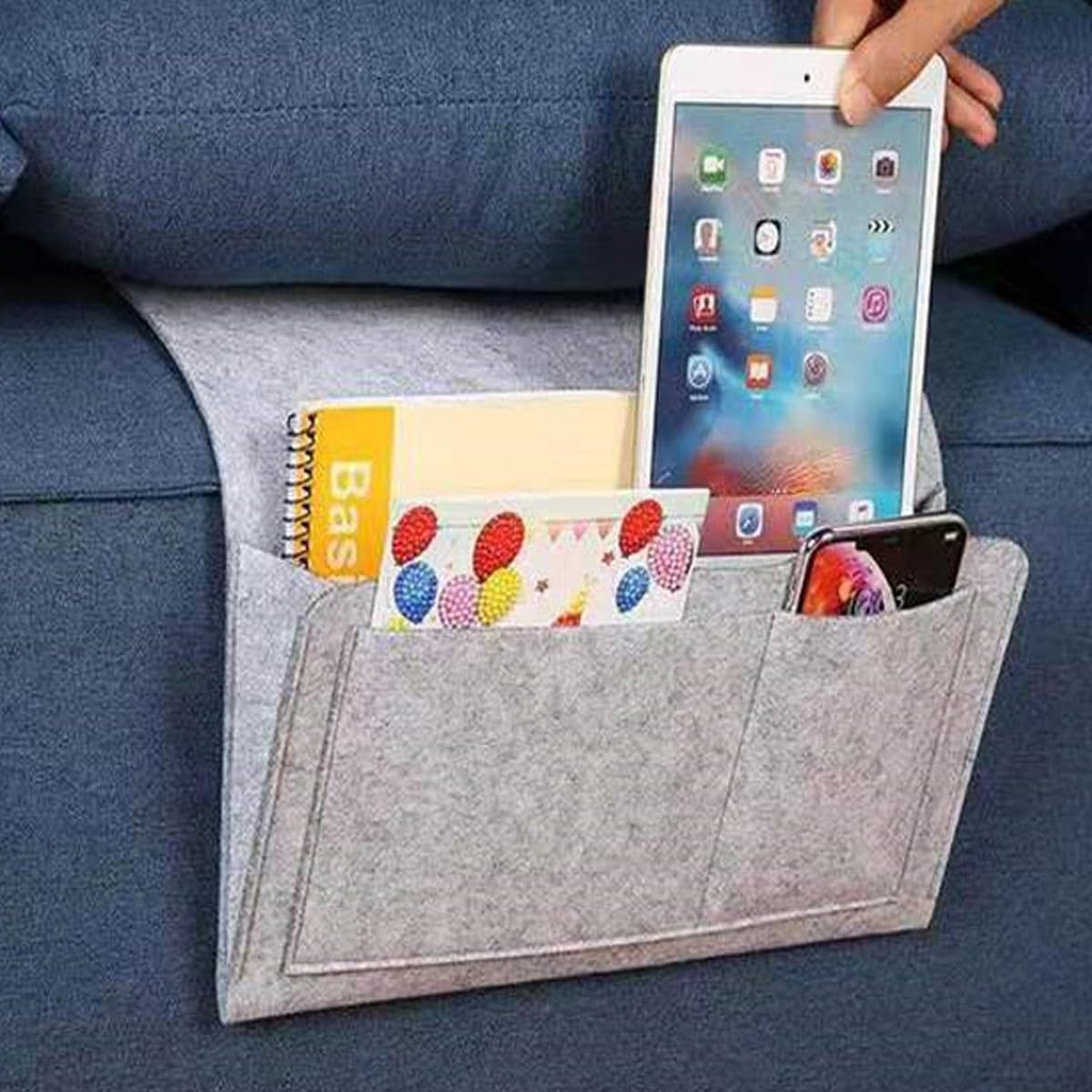 Bringsine 5 Pockets Bedside Caddy, Felt Bed Storage Organizer Hanging Bag Holder for Magazine Book Phone Tablet iPad Cables Remote and Glasses Holder Home Dorm Bed Sofa-Black