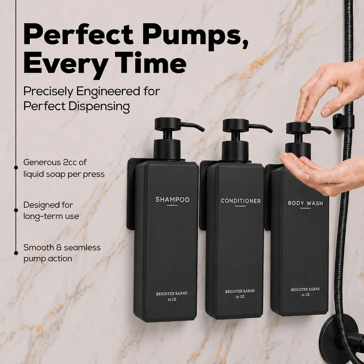 Luxury Shampoo and Conditioner Dispenser Set Wall Mounted by Brighter Barns - Refillable Shower Dispenser with Stainless Steel Pumps - Shampoo Bottles 3 Chamber No Drill for Airbnb, Spa, Hotel (White)