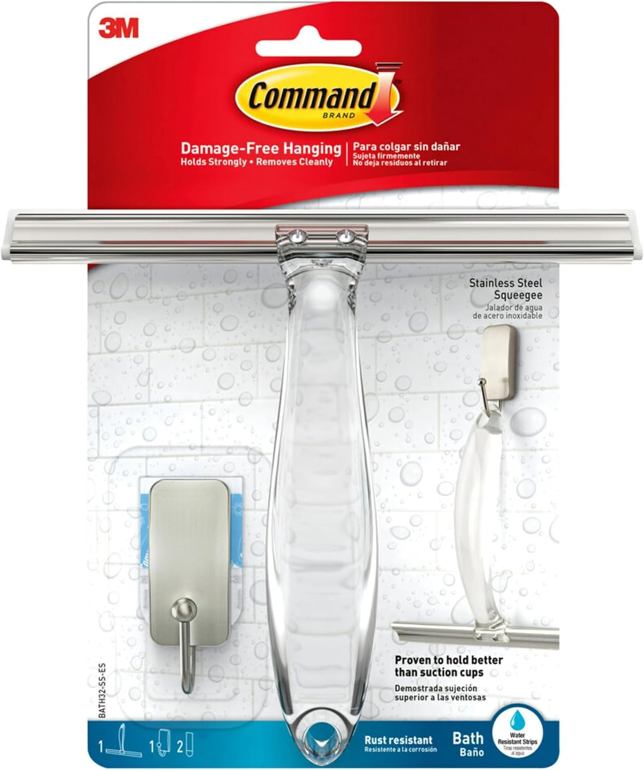 Command Bath Shower Small Water-Resistant Adhesive, Satin Nickel, 1 lb Capacity, 1 Squeegee, 1 Hook, 2 Strips, BATH32-SS-ES Caddy