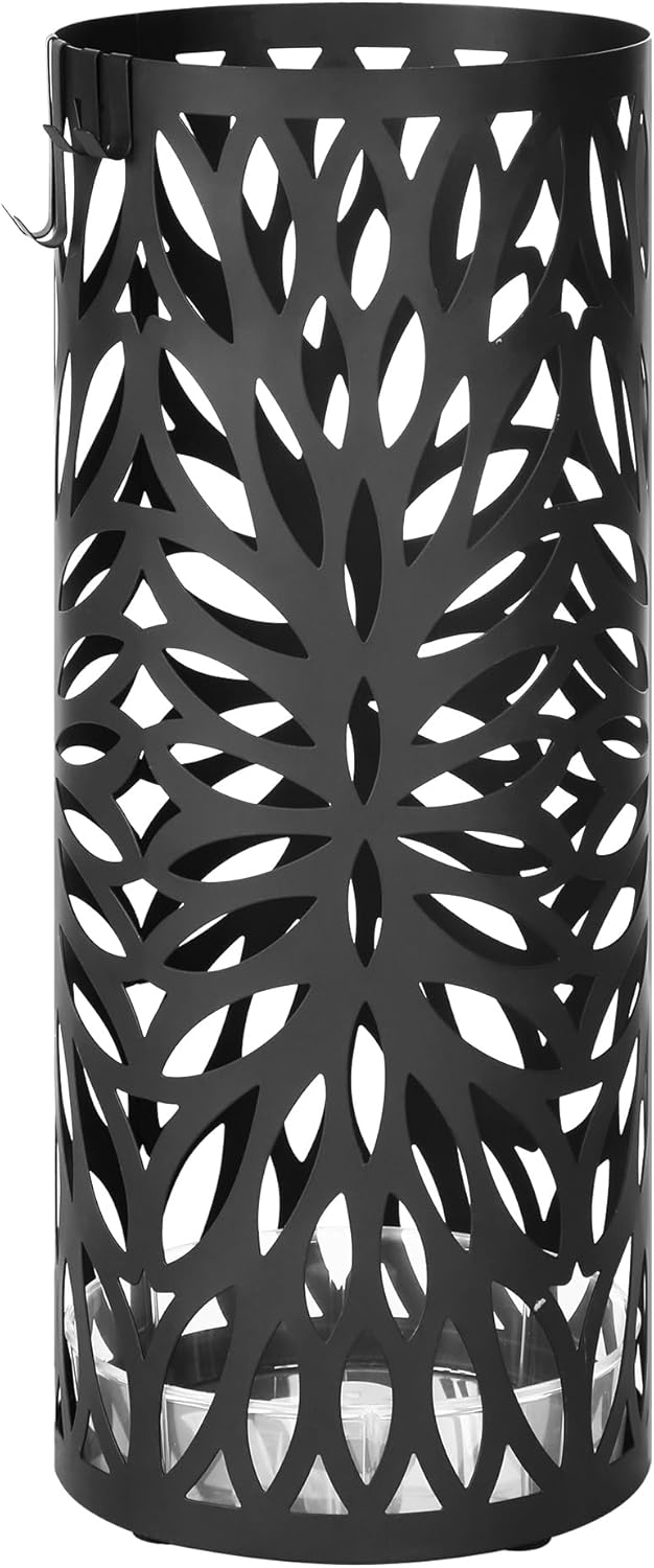 SONGMICS Umbrella Stand, Umbrella Holder for Entryway, Steel Square Umbrella Rack Organizer Freestanding, for Canes Walking Sticks, with a Detachable Drip Tray, 4 Hooks, Black ULUC026B33