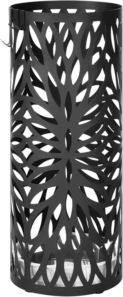 SONGMICS Umbrella Stand, Umbrella Holder for Entryway, Steel Square Umbrella Rack Organizer Freestanding, for Canes Walking Sticks, with a Detachable Drip Tray, 4 Hooks, Black ULUC026B33