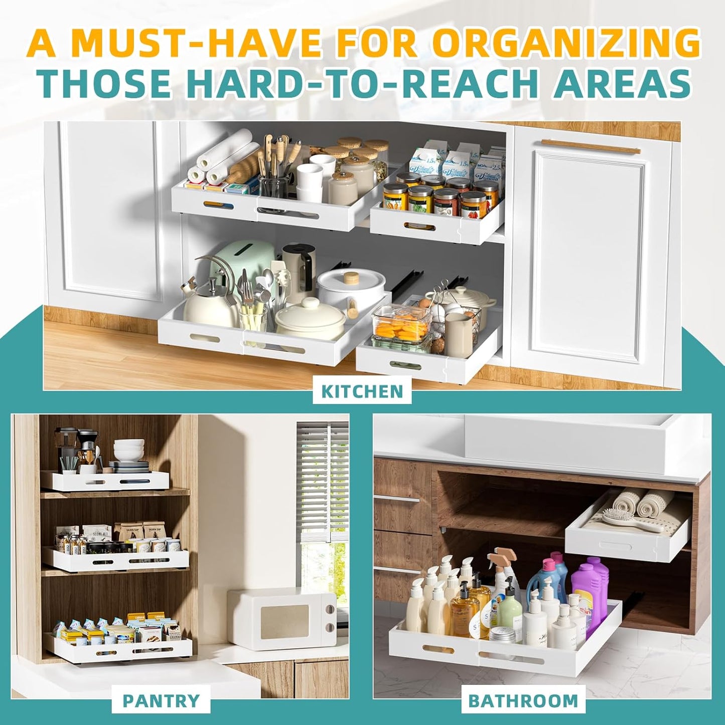 HBL' 1 Pack | 21" Deep Pull Out Cabinet Organizer Adhesive, 10-Inch Wide Sturdy Carbon Steel Roll-Out Drawers, Designed for Frameless Cabinets, Slide-Out Shelves for Pantry.