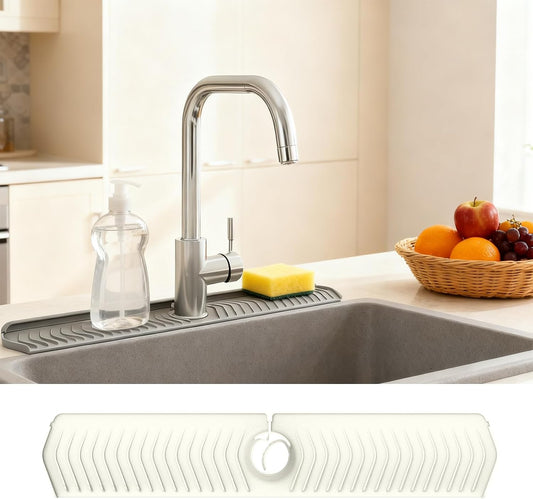 30 Inch Silicone Kitchen Sink Faucet Mat, Adjustable Waterproof Splash Guard Draining Mat Keep Countertops Dry (White)