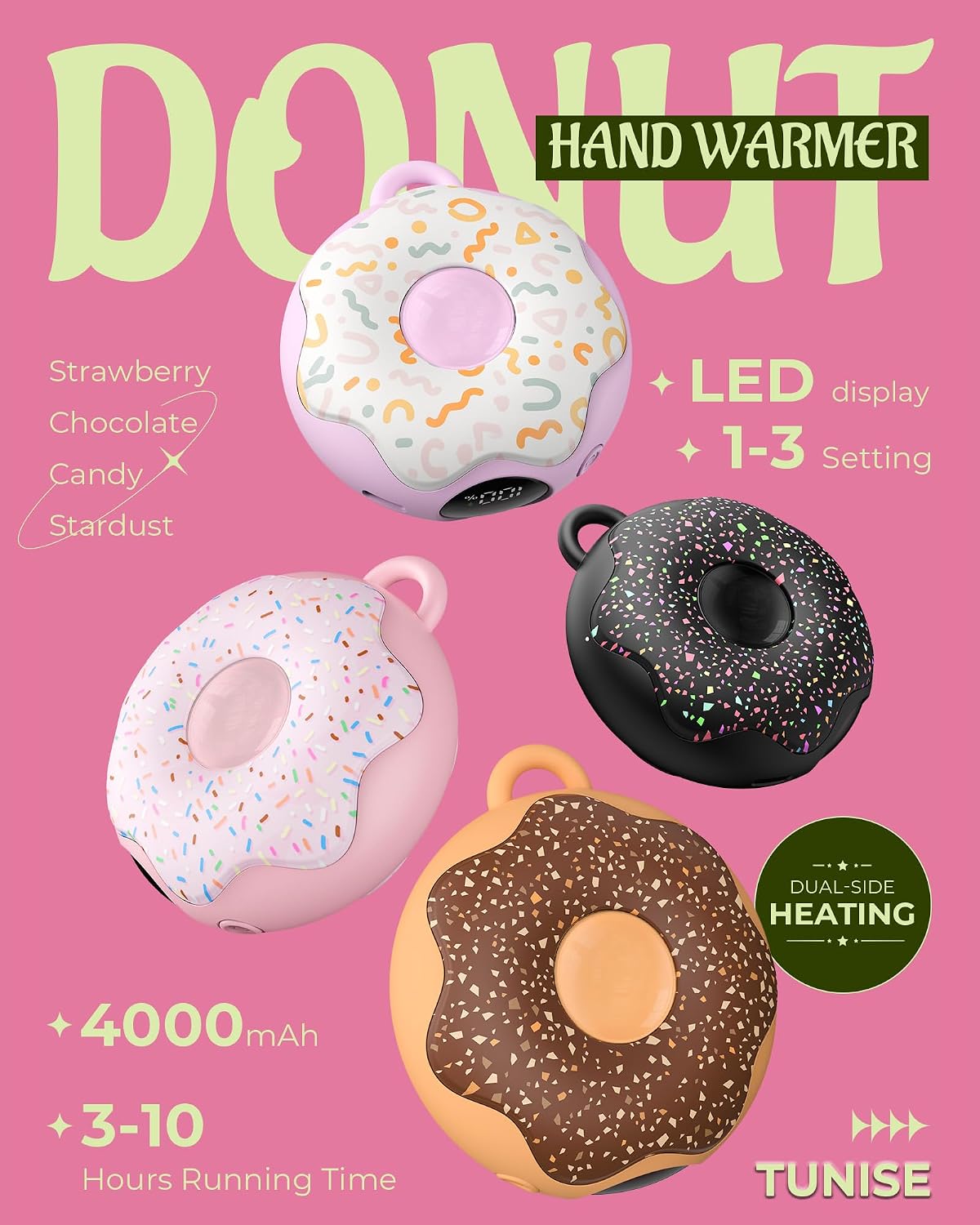 Hand Warmer Rechargeable, TUNISE Portable Heater, 3 Heat Settings, 4000mAh Reusable Portable Pocket Heater,Double-Sided Hot Hands for Raynaud's, Golf,Hunting, Stocking Stuffers