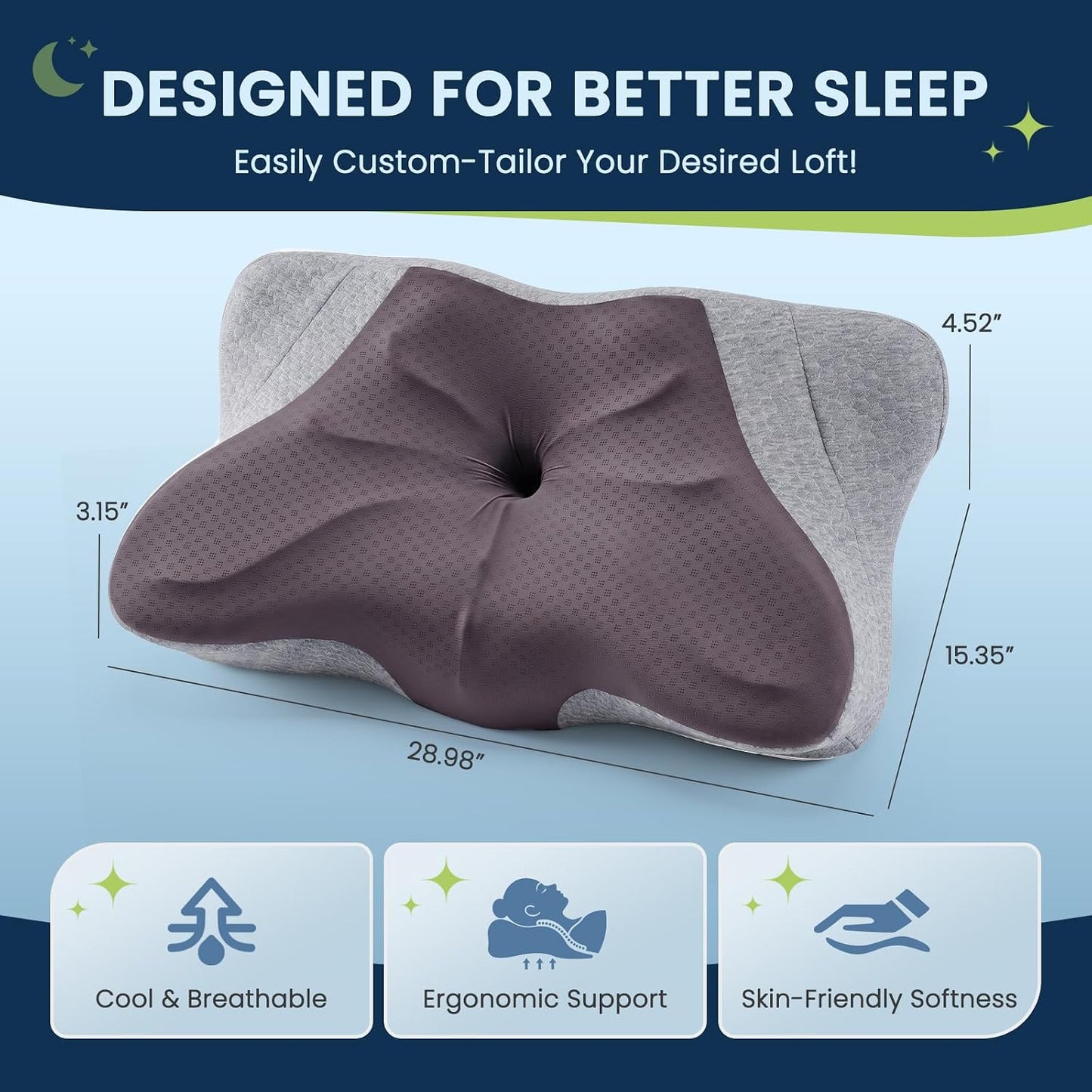 Sweetcrispy Cervical Pillow for Neck and Shoulder - Ergonomic Memory Foam Pillows, Contour Side Sleeper for Adults, Cooling Orthopedic Neck Support for Back Stomach Sleepers, White