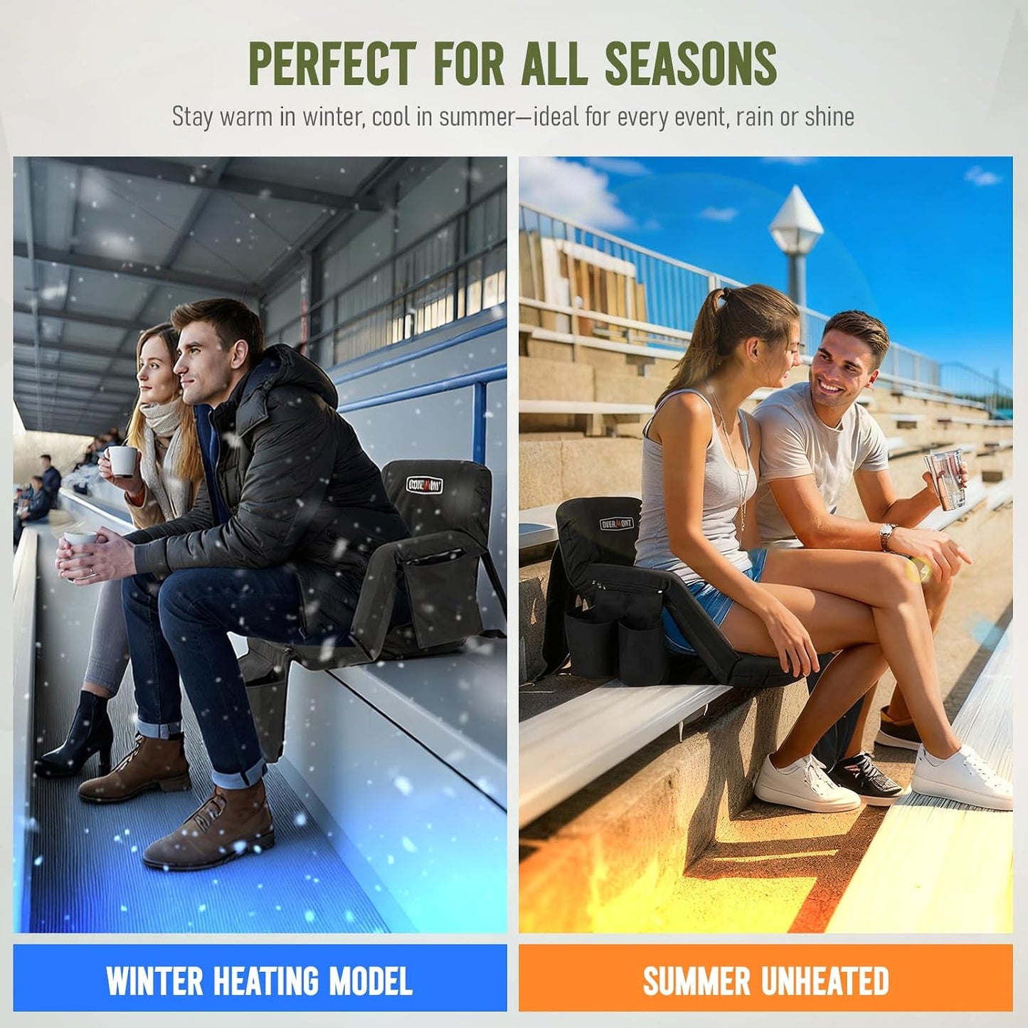 Overmont Heated Wide Stadium Seats 2 Pack, Dual-Zone Heat | 3 Heat Levels with Independent Control, 6 Recline Positions, Soft Cushion, Hooks and Pockets for Sport Camping Concerts