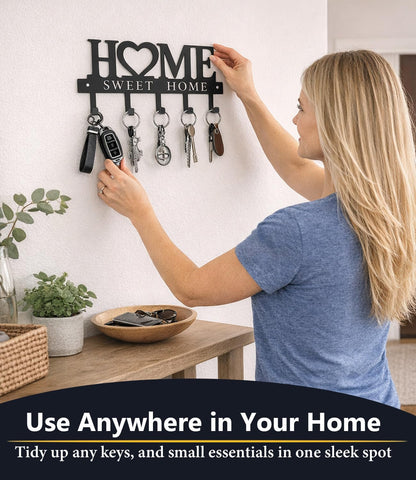 Key Holder Hooks Organizer Shelf Hanger Rack Wall Mounted Sweet Home Metal Decor Stylish and Practical for Entryway Front Door Kitchen Hallway Garage Mudroom Office Hardware Included Black