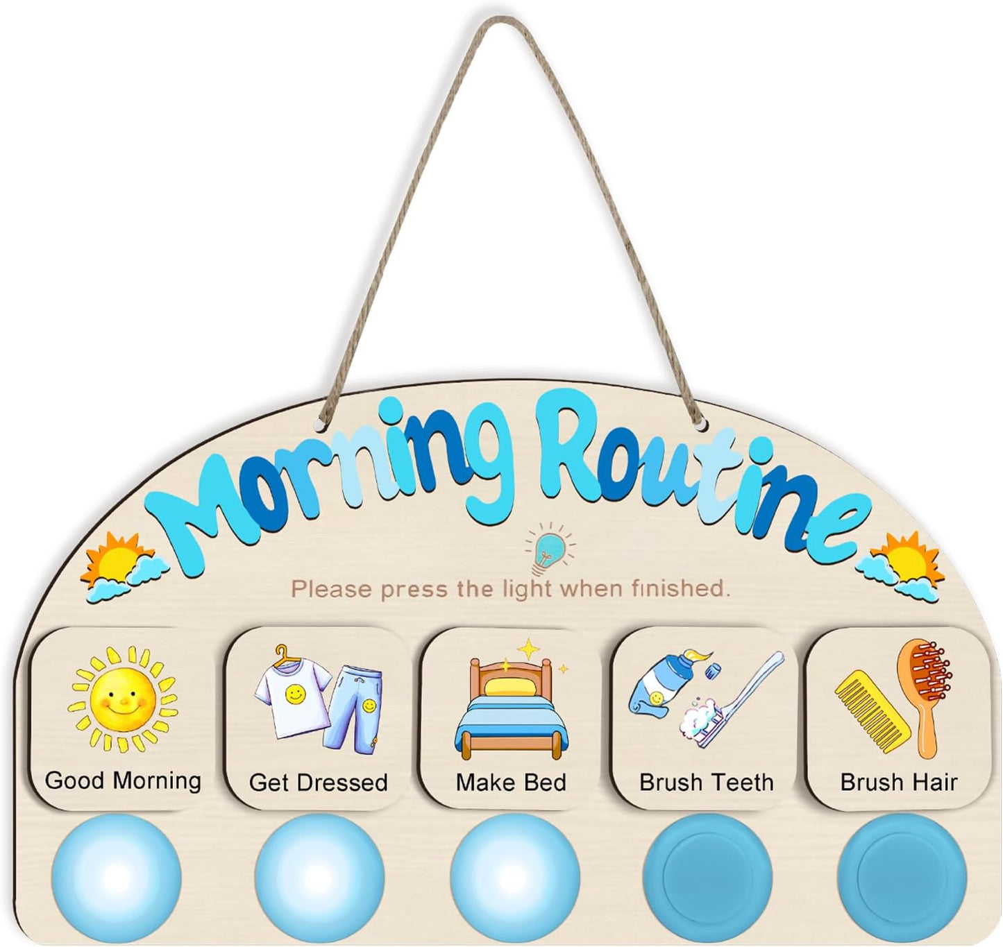 Upgraded Morning Routine Chart for Toddlers, Visual Schedule Chart | to Do List with 5 Tap Lights & 9 Activity Cards, Wooden Schedule Board for Kids, Preschoolers, Autism, ADHD Tools