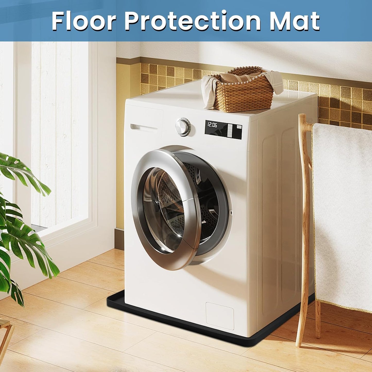 Large Thickened Washing Machine Mat 30" x 28" Silicone Black | Under Washer and Dryer Drain Pan Drip Tray Floor Protector Non-Slip Flexible Soft Mat Waterproof Raised Edge 0.98''