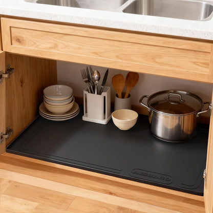 Under Sink Mat 22" X 19", Waterproof Silicone Cabinet Kitchen Liner, Gray | BPA-Free Raised-Edge Cabinet Protector & Leak Tray for Bathroom Cabinets, Boots, Pet Feeding Dog & Cat Mats, Dishwasher Safe