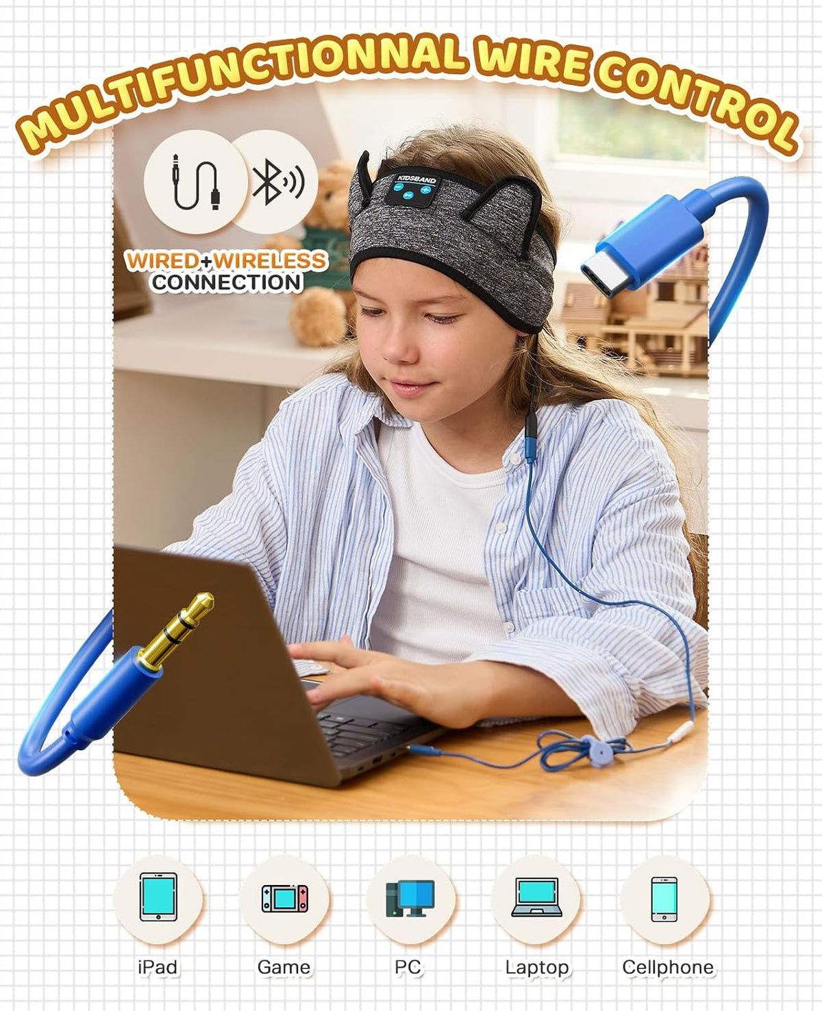 KIDSBAND Kids Bluetooth Headphones, Sleep Headband [Wireless & Wired Playback 2in1] Foldable Headphones for School/Travel/Tablet/Sleep