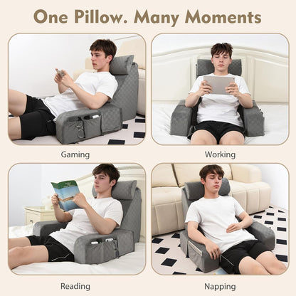 Vekkia 19'' Reading Pillow for Adults with XL Side Pockets, Adjustable Arms | 45° Back Support Chair for Sitting in Bed, Washable Cover, Perfect for Gaming, Watching TV, Relaxing, or Recovery, Gift Idea