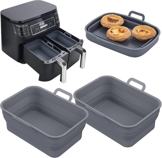 Collapsible Silicone Air Fryer Liners 8QT 10QT Ninja Dual (Gray)