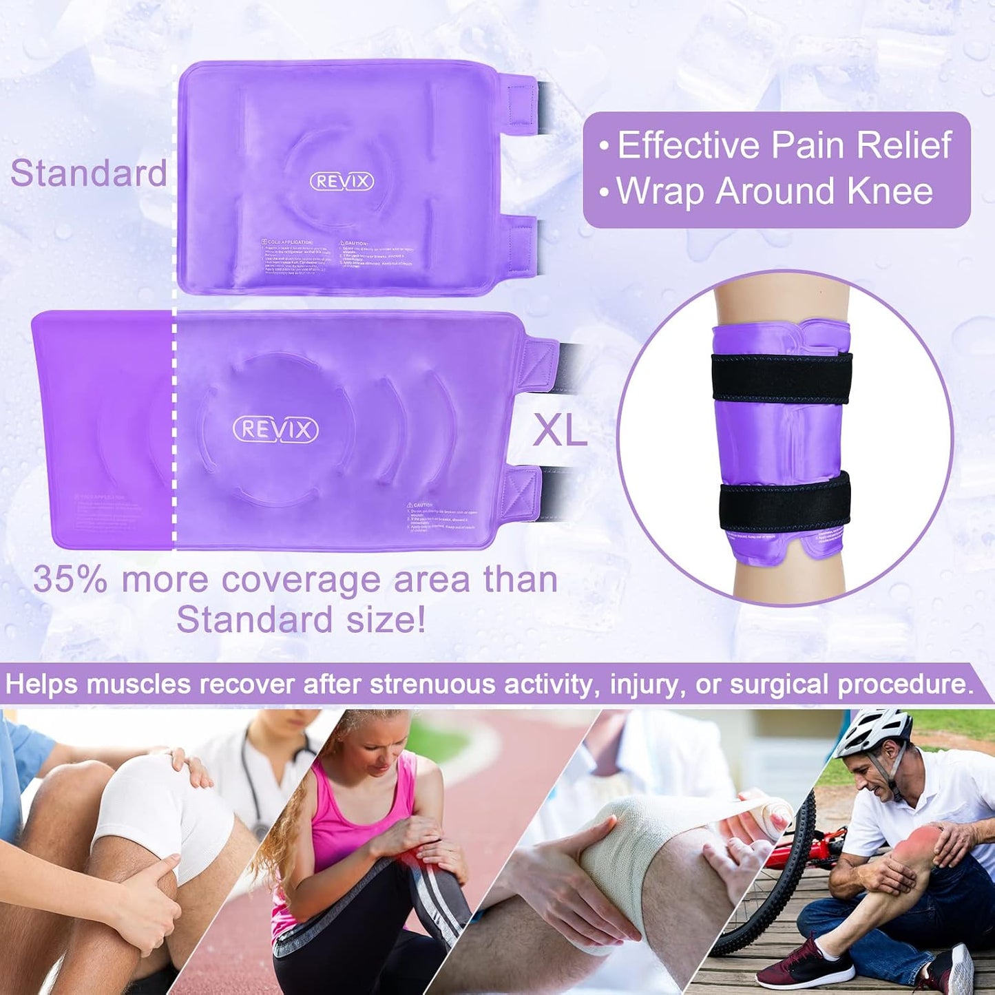 REVIX XL Knee Ice Wrap Around Entire Knee, Gel Ice Pack for Muscle Ache, Cold Pack to Reduce Discomfort and Promote Flexibility, Soft Plush Linings, Purple