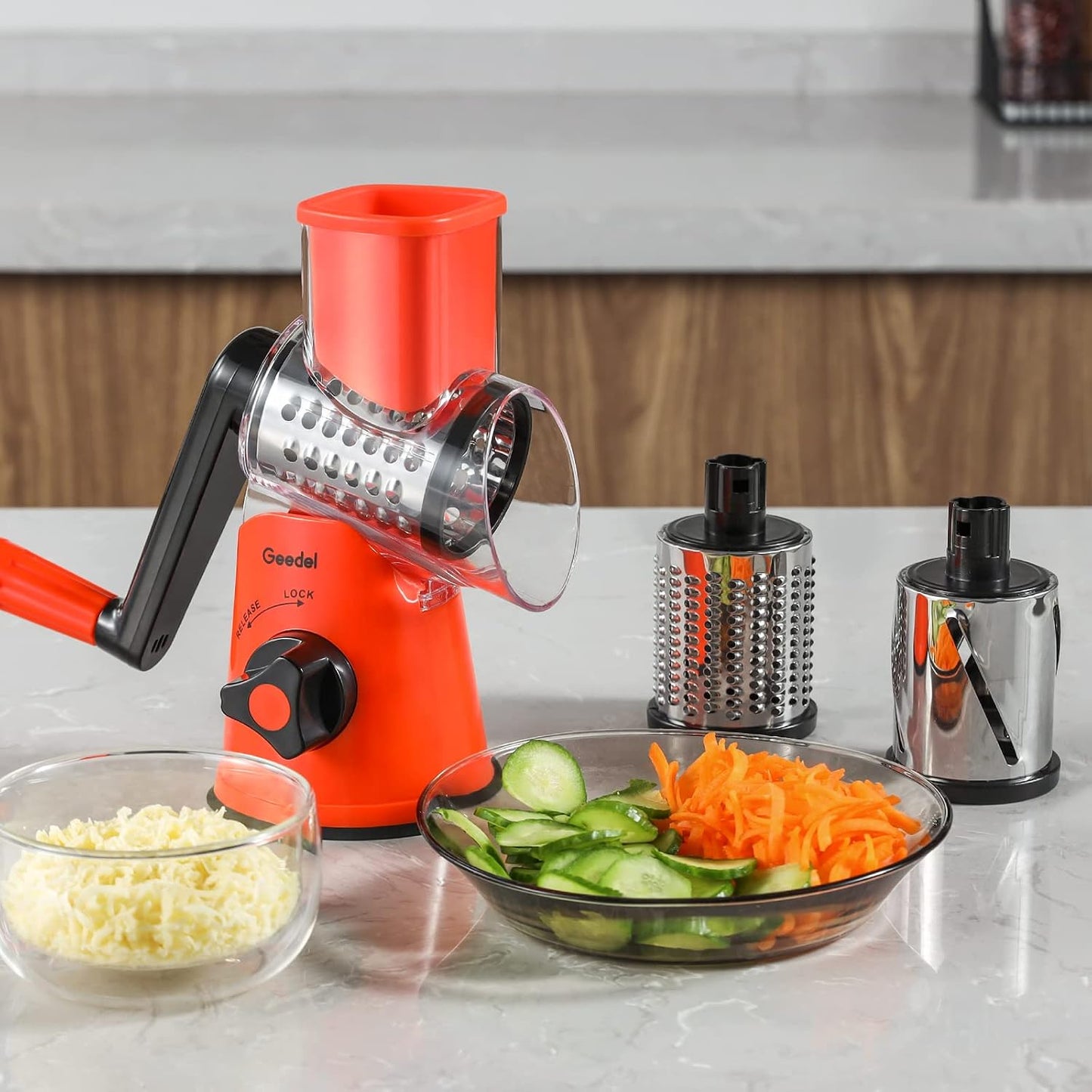 Geedel Rotary Cheese Grater, Kitchen Mandoline Vegetable Slicer with 3 Interchangeable Blades, Easy to Clean Rotary Grater Slicer for Fruit, Vegetables, Nuts | 3 Blades, 430 Stainless Steel, 12x Fast Cutting, Strong Suction Base, No BPA, Dishwasher Safe,