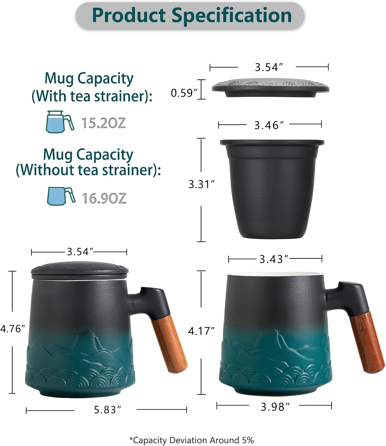 ZENS Tea Mug with Infuser and Lid for Loose Leaf Tea Steeper, 16.9oz Moss | Embossed Ceramic Tea Cup with Infuser for Herbal Tea Difussers, Tea Lovers Gifts, Nature Wood Handle