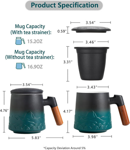 ZENS Tea Mug with Infuser and Lid for Loose Leaf Tea Steeper, 16.9oz Moss | Embossed Ceramic Tea Cup with Infuser for Herbal Tea Difussers, Tea Lovers Gifts, Nature Wood Handle