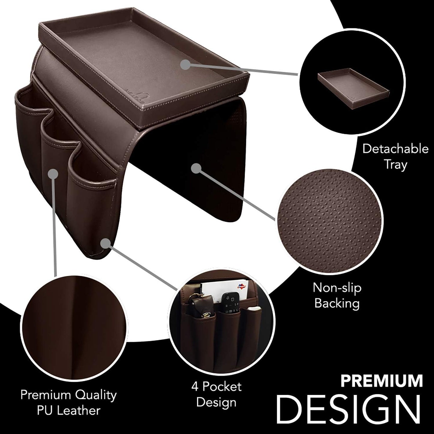 NEATOPA Couch Remote Caddy Control Holder Sofa Organizer with Detachable Wooden Snack Tray for Recliner Mattresses Chair Armrests with 4 Slots - 1 Large Pockets and 3 Small Pockets (Brown)