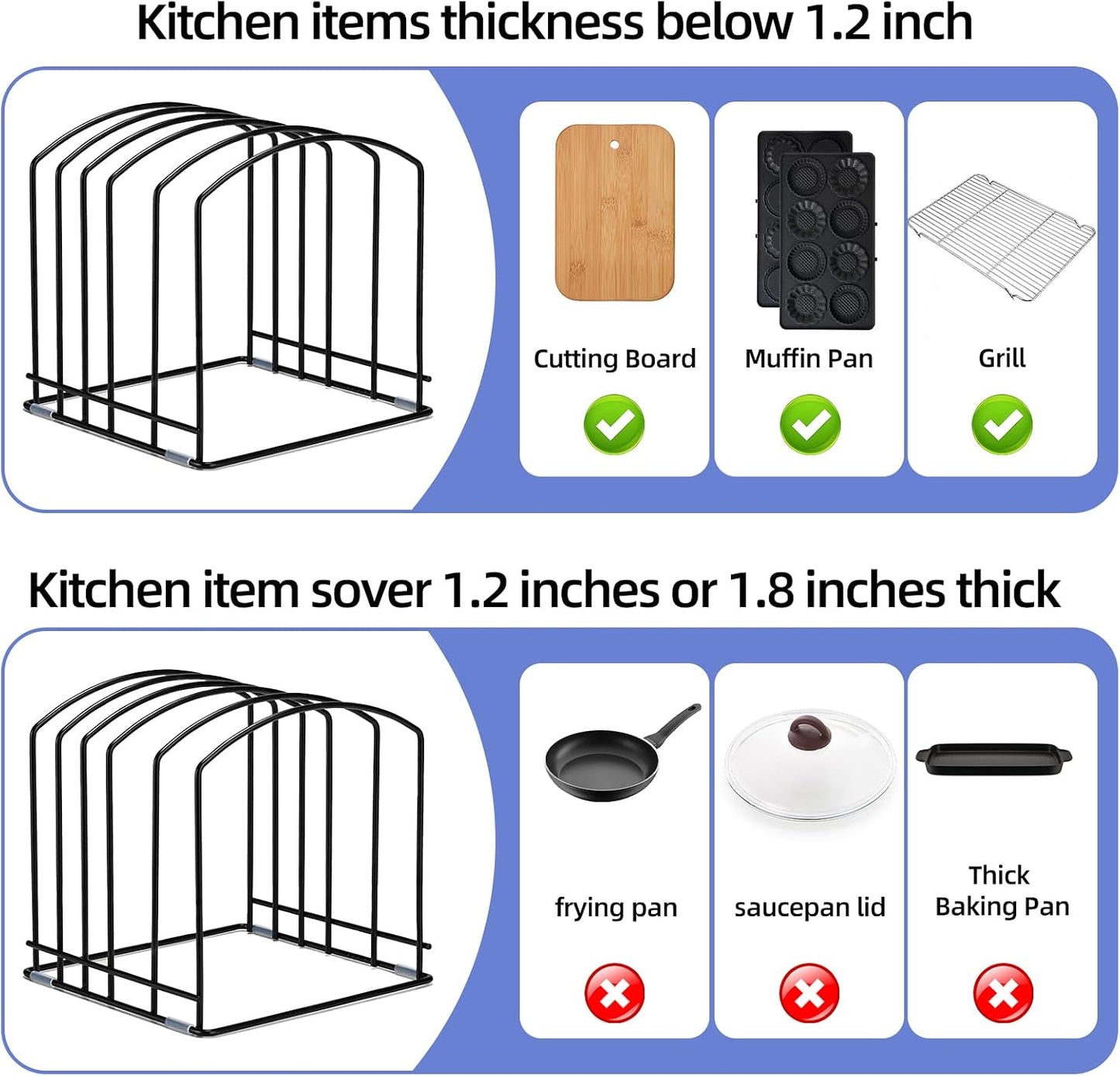Cutting Board Organizer, Matte Black | Heavy Duty Rack, 2 Extra Wide (1.38") & 3 Narrow (0.78") Slots