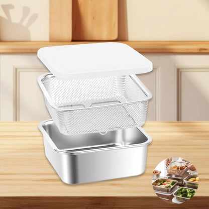 Stainless Steel Food Container with Strainer Colander Set Fridge Organizer Bin Multifunctional Kitchen Drain Basket for Lettuce Fruits, Vegetables, 1500ml