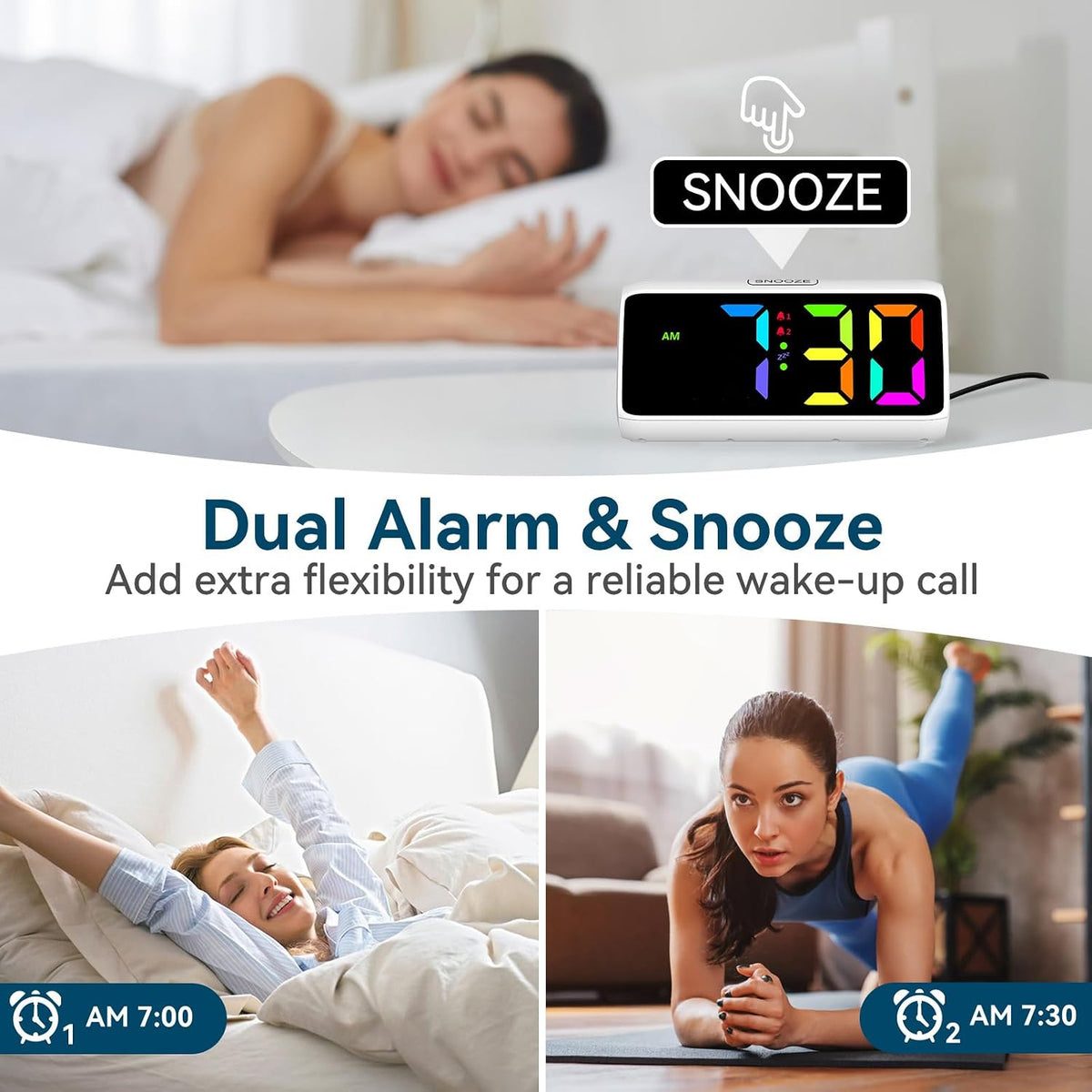 Netzu Loud Alarm Clock for Heavy Sleepers, RGB Alarm Clocks for Bedrooms Seniors Kids, Plug in Digital Clock with 5 Dimmers, 2 Alarms, 4 Volumes and Snooze