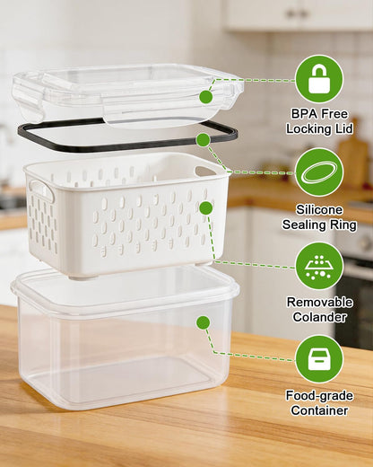 5 Pack Fruit Storage Containers for Fridge Berry Keeper Produce Saver | Leak-proof Food Container Set with Colander Veggie Keep Fresh BPA Free Plastic Refrigerator Organizer Freezer Dishwasher Safe