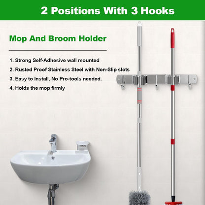 voze 5 Racks and 4 Hooks Mop and Broom Holder Wall Mount, Self Adhesive Heavy Duty Broom Hanger Organizer Storage Tool Racks for Kitchen Garden Laundry Garage