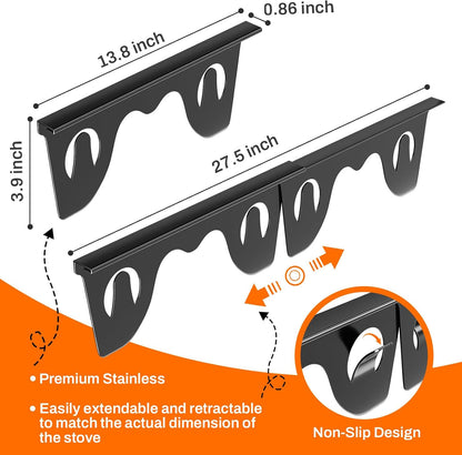 Adjustable Stove Gap Covers 2 Pack, Black 13.8-27.5 Inch | Heat & oil-resistant metal range trim guard. Fits kitchen oven, counter, sink, washer & dryer. Tool-free install