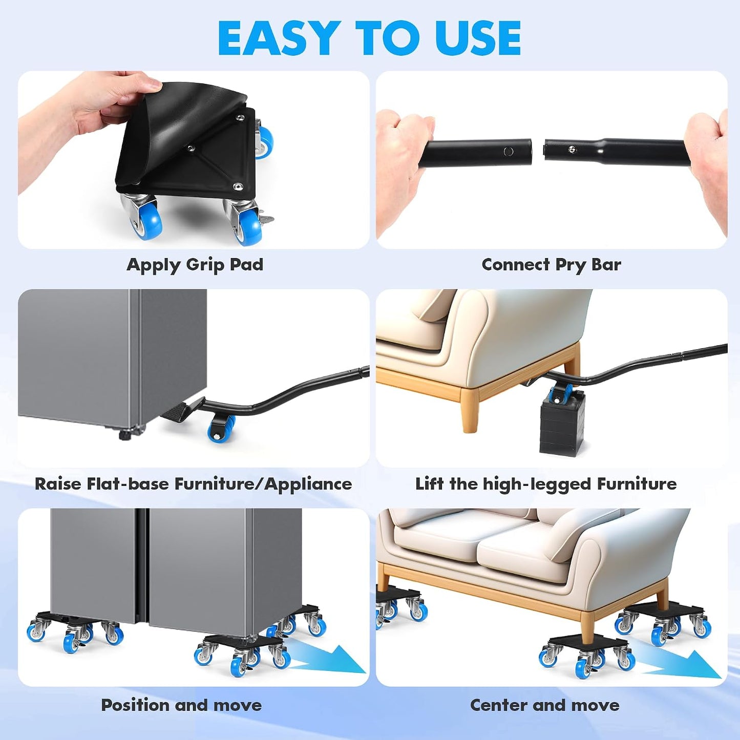 Heavy Duty Furniture Moving Tool Set, Supports up to 1000 Pounds, 5 Wheel Metal Furniture Mover, Furniture Dolly, Appliance Furniture Sliders with Wheels, Furniture Lifter Tool (Blue, 4.3" x4.3")