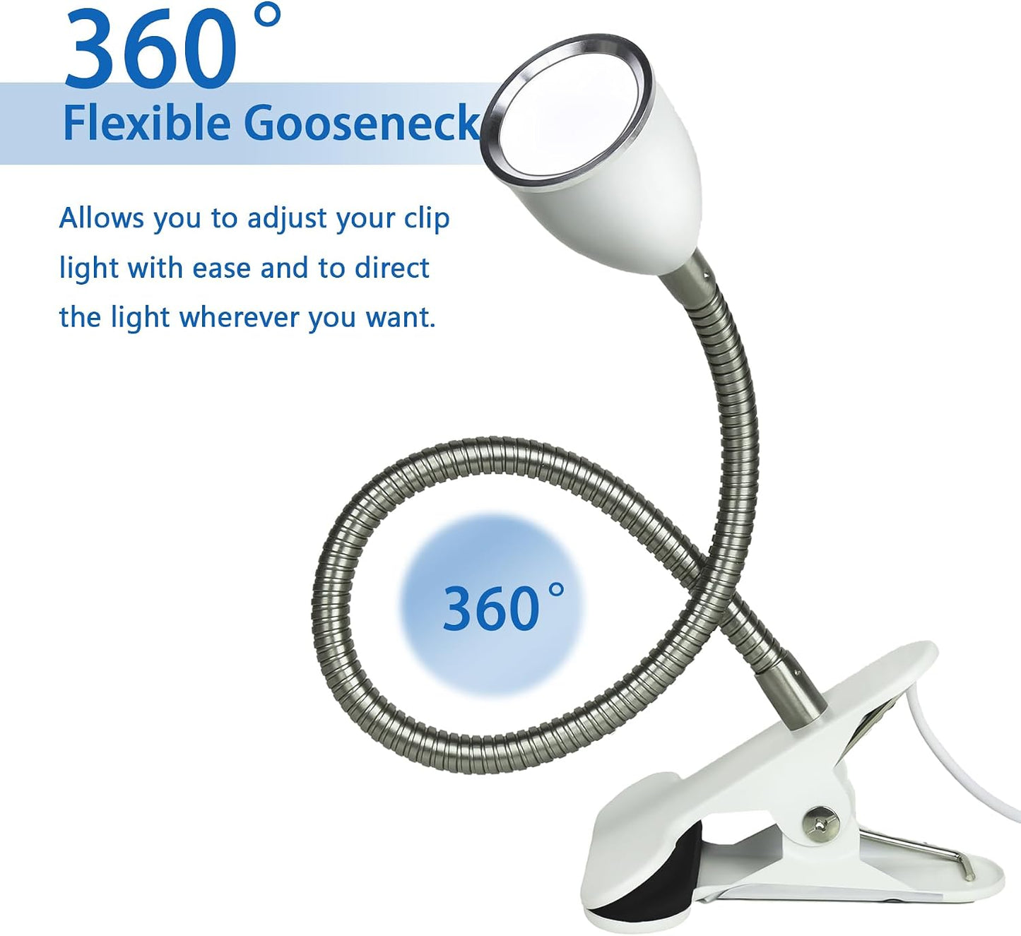 Desk lamp Eye-Caring Table Lamps, 360°Rotation Gooseneck Clip on Lamp Reading Light Portable Reading Book Light Clamp Study Desk Lamps for Bedroom and Office Home Lighting (White)