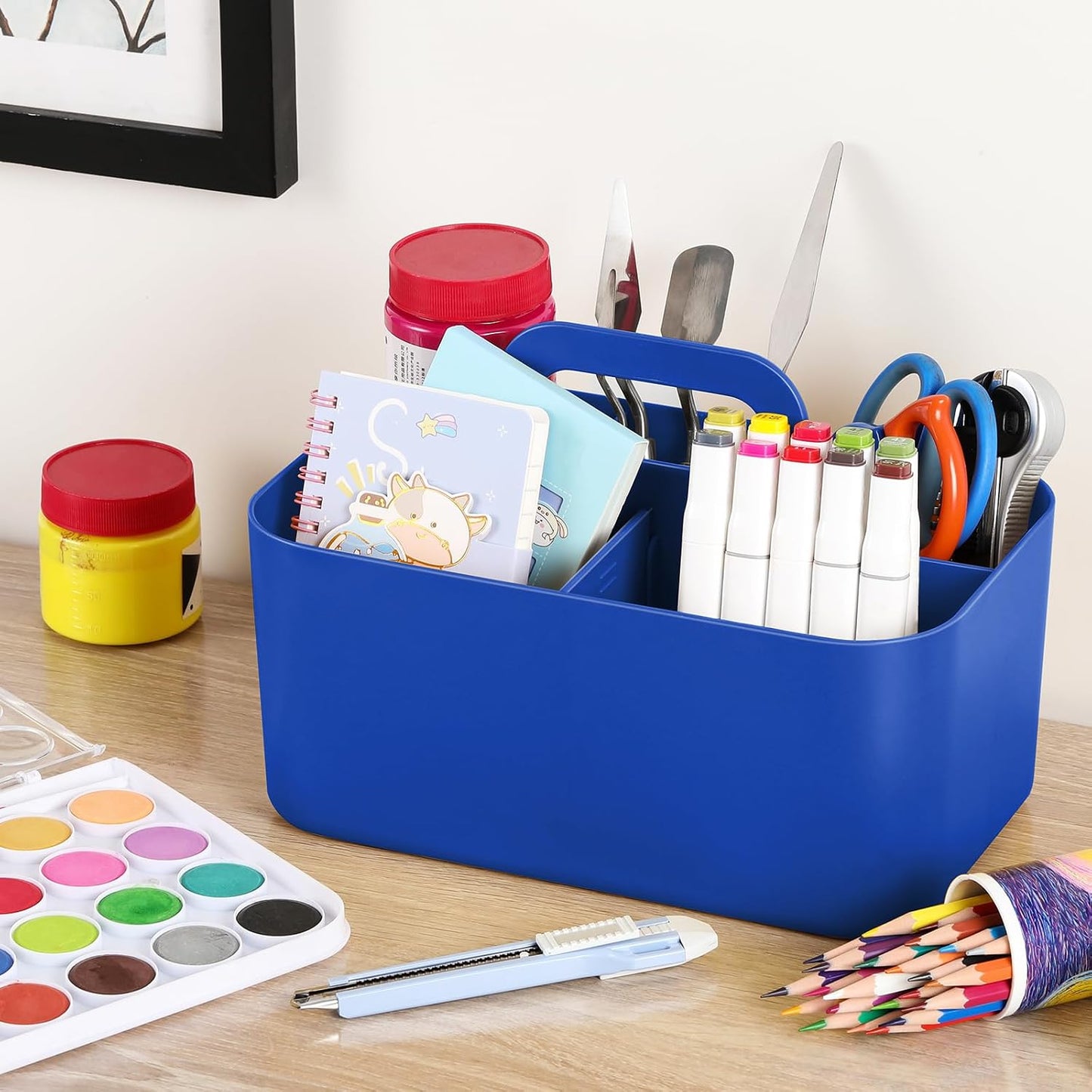 Multiuse Caddy Organizer with Handle, Portable Divided Plastic Tote Bin - Art Craft, Stationary Pen Marker Crayons, Makeup Hair Supplies Storage - Bathroom, Classroom, Dorm, Office, Desk Holder - Grey