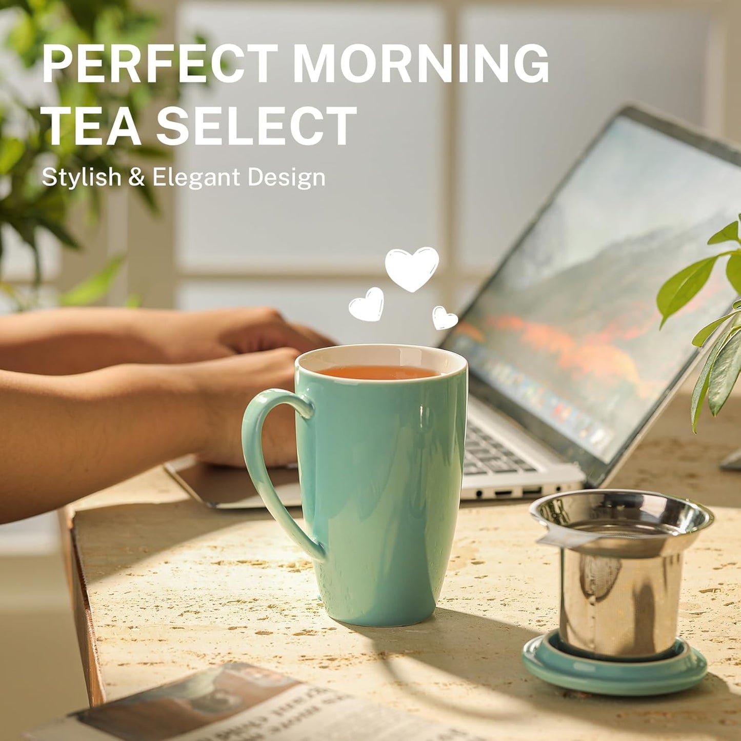 Sweese 15oz Porcelain Tea Mug with Infuser and Lid – Microwave Safe, Ergonomic Handle, Lead-Free Glaze, for Loose Leaf Tea