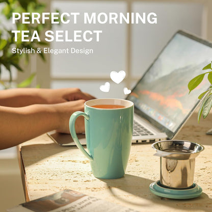 Sweese 15oz Porcelain Tea Mug with Infuser and Lid – Microwave Safe, Ergonomic Handle, Lead-Free Glaze, for Loose Leaf Tea